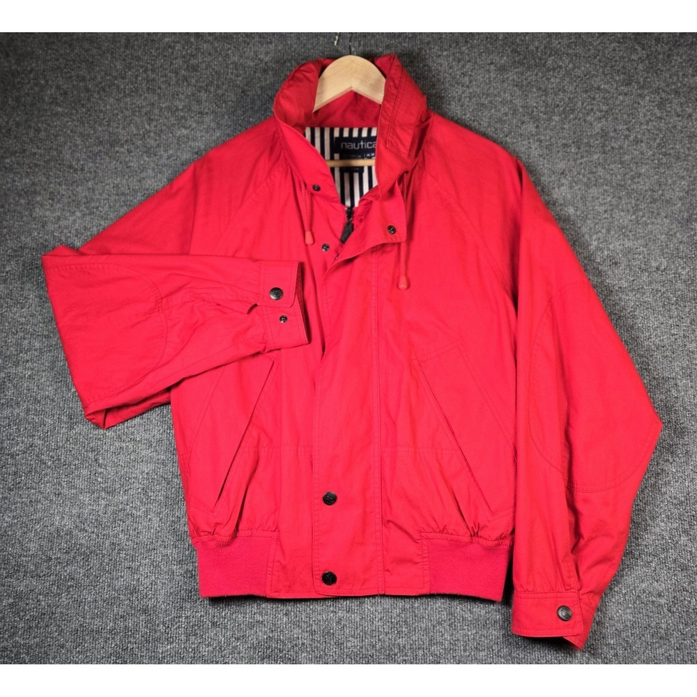 Nautica Men's M Red Lined Windbreaker Jacket Full Zip Cotton Striped Lining